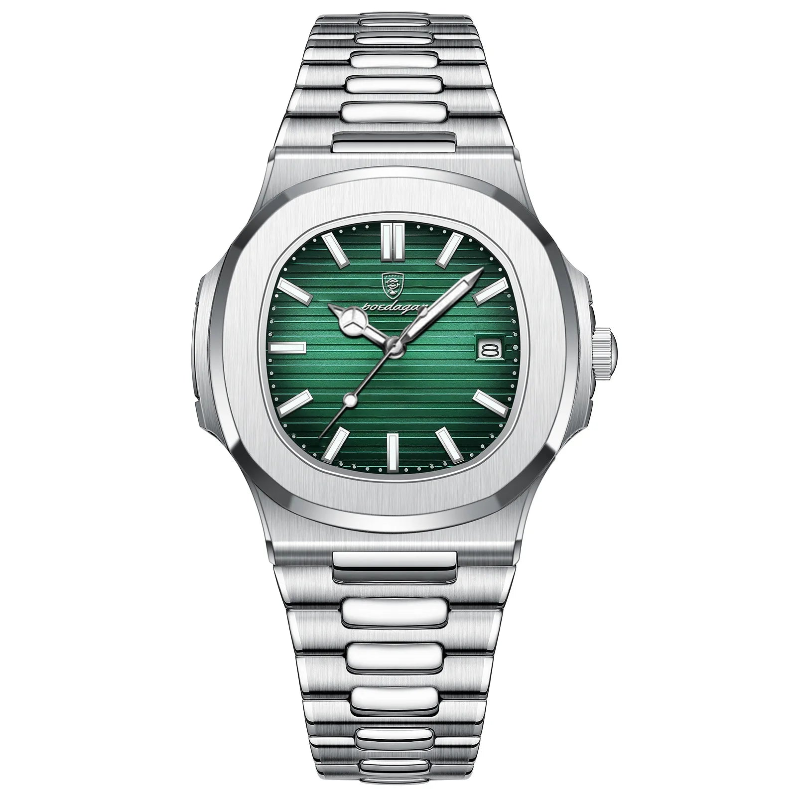 9 silver case green dial steel strap