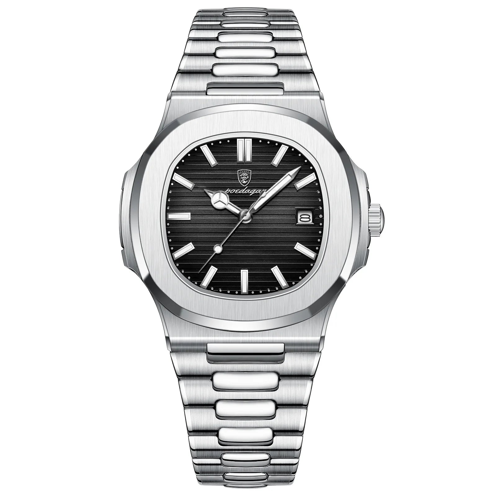 11 silver case black dial steel strap